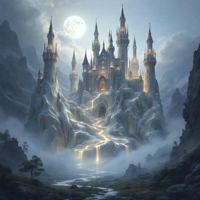 Primary subject: A castle with a moat and a moon in the sky.

Setting/background: The castle is set in a mountainous area, with a body of water in front of it.

Visual style: The image is a digital art or illustration.

Colors and mood: The image has a dark and moody atmosphere, with the castle and the moon being the main focus.